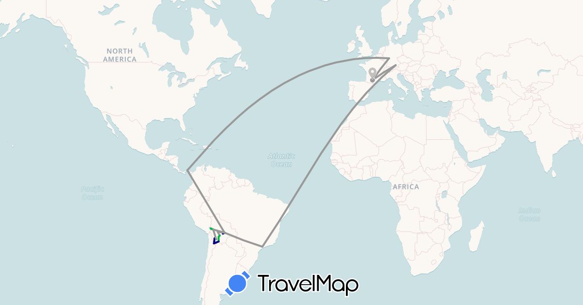TravelMap itinerary: driving, bus, plane, boat in Bolivia, Brazil, Germany, France, Panama (Europe, North America, South America)